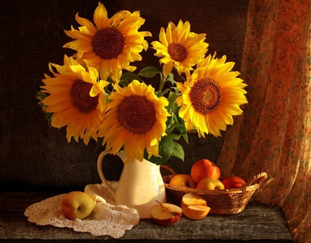 still life - sunflower, beauty, nice, sunflowers, photography, basket, bouquet, still life, pretty, cool, lace, old, harmony, fruits, lovely, apples, beautiful, jug, flowers, photo, flower