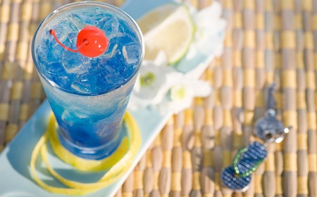 Summer Blue Cocktail - abstract, summer, cherry, beautiful, photography, blue cocktail, cocktail, ice, glass