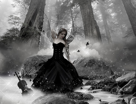 Fairy Dance - black, white, abstract, forest, leaves, violin, fairy, fantasydance, dress