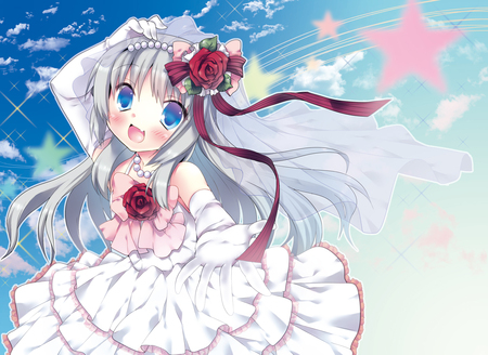 Anime - stars, blue eyes, sky, red flowers