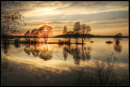 Beauty at  sunset time - water, beauty, sun, time, relaxation, clouds, peace, end of day, trees, sunset, nature, calm