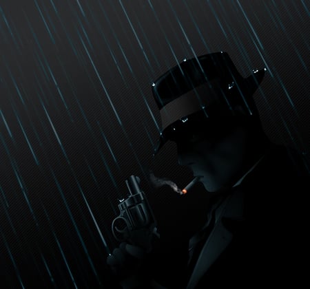 Rain Go Away - gun, style, hat, rain, smoke, black, cigarette, pistol, dark, man, adventure, crime, action, smoking, gangster