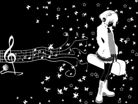 monochrome music - girl, music, rose, black, white, music notes, star, butterfly, monochrome, leaves, white hair