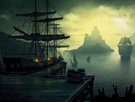 More Port Korabli Parusa Skaly - water, ship, boat, evening, sea, ocean, andreas rocha, fantasy, port, art