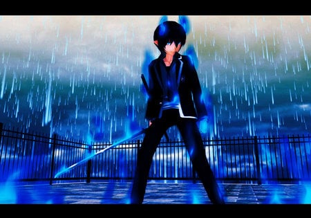 core_pride - man, hero, rain, blue, anime, sword, pride