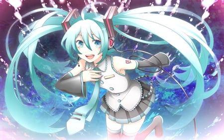 Hatsune Miku - outfit, virtual, miku, digital, vocaloids, song, microphone, uniform, singer, gray, red, cool, headphones, awesome, vocaloid, thighhighs, anime, twintail, cg, skirt, hatsune, black, cute, beautiful, girl, anime girl, white, program, artistic, pretty, aqua, beauty, art, diva, nice, tie, idol, headset, music, hatsune miku