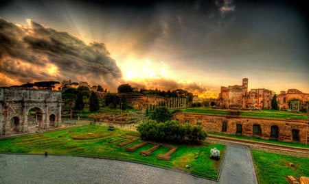 Majestic View - beautiful, rock, sunrise, light, architecture, sunset, ancient, green, old, cloud, colosseum