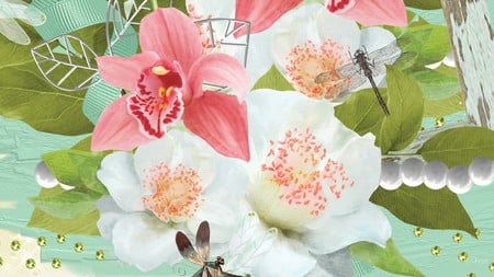 Dragonflies and Floral - summer, beads, spring, stones, lily, flowers, dragonflies, dragonfly, painted