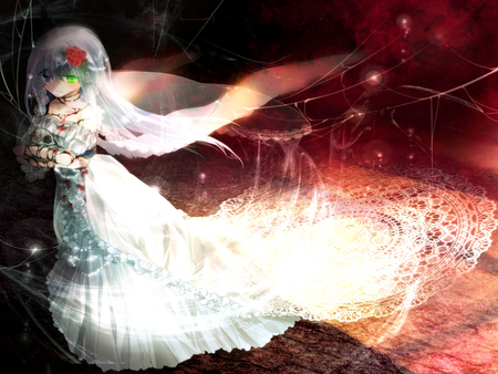 Angel Wedding Dress - blood, anime girl, female, fear, alone, beauty, angel, angel wedding dress, dark, skull, white dress, sad, wings, rose, cute, hold