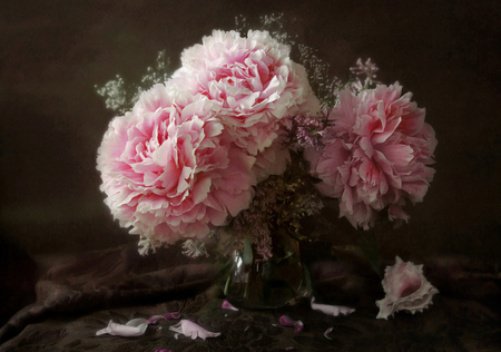 still life - elegance, flower, beautiful, bouquet, vase, harmony, peonies, photography, gentle, pink, pretty, cool, beauty, flowers, photo, still life, petals, nice, lovely, rap, peony