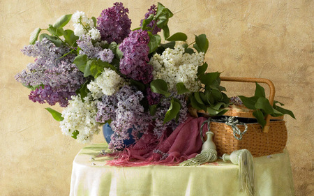 still life - nice, beauty, elegance, photography, bouquet, basket, still life, cool, pretty, petals, lilac, harmony, scarf, lovely, gentle, vase, beautiful, photo