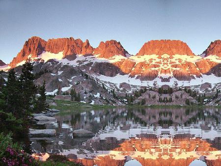 Reflecting Mountain, Colorado - trees, evergreens, water, reflection, orange, mountain, sunset, clay, lake, day, sky