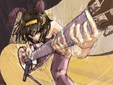 haruhi-chan - shock waves, stage, haruhi, heavy metal, brown hair, bunny, costum, guitar, electric guitar