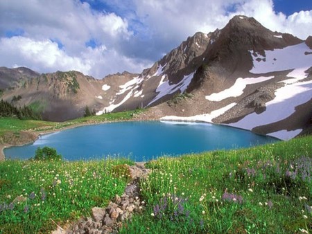 Beautiful mountain - clouds, blue, flowers, path, ice, white, lake, mountains, sky, way