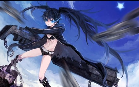 Black Rock Shooter - gun, female warrior, vocaloids, anime warrior, vocaloid, vocaloid girls, anime, black star shooter, anime black hair, black rock shooter