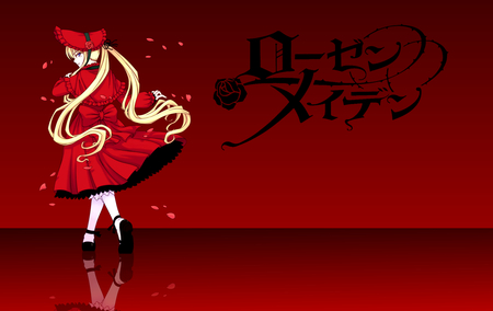 rozen maiden - rozen maiden, shinku, yelow hair, red, dress, long hair, petals, blue eyes