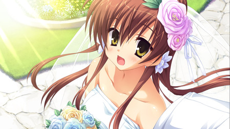 Anime - cute, flowers, brown hair, yellow eyes, wedding gown