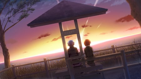 Anime couple - cg, anime couple, cute, sad, sunset