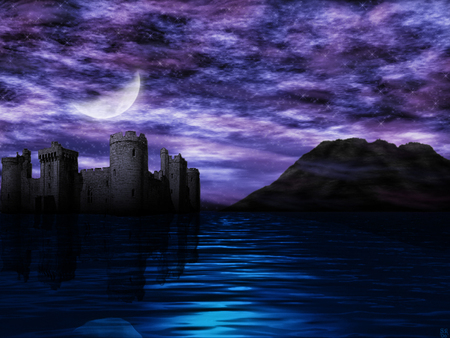 Water Castle - moon, ocean, sky, stars, mountain, night, water, fantasy, cg, purple, pink, clouds, castle, blue, sea