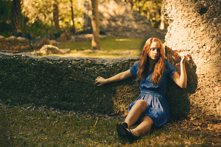 Alice - red, forest, model, female, hair, sun, woman, dress