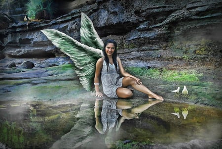 ANGEL - wings, water, model, photo, doves, woman, angel