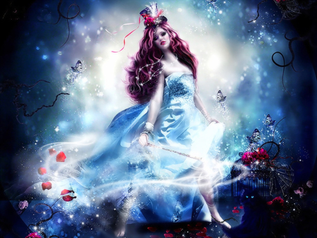 Magic Woman - female, wizard, magic, cape, beauty, cool, cat, cg, fantasy, lady, butterfly, rose, 3d, magic woman, sexy