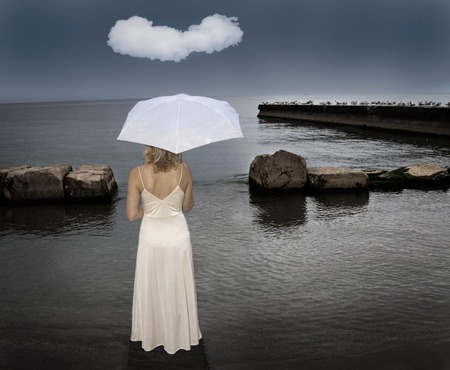 Day dream - alone, abstract, umbrella, dress, whitedream, fantasy, sea, woman, day