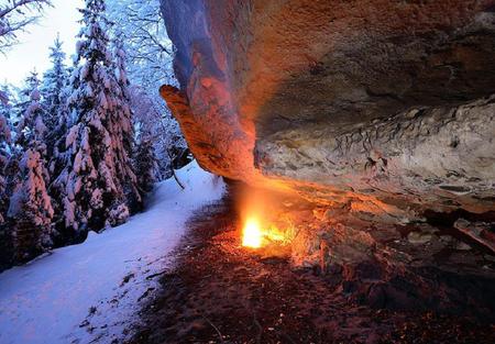 A Place to Keep Warm - trees, pine, winter, fire, rocks, fir, cold, warm, snow