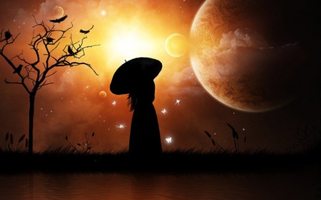 Midnight Stroll - moon, beauty, girl, female, night, waiting, midnight, midnight stroll, fantasy, pretty, umbrella, beautiful, breeze, cute, soul, emo