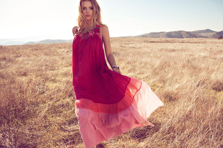 Lily Donaldson - fields, sky, models, people, nature, lily donaldson, pink, beautiful, british, pink dress, grass, celebrity, dress