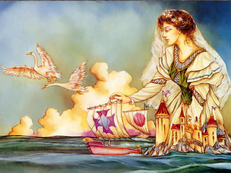 canty - fantasy, birds, water, ship, maiden, castle