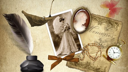 Always Loved - ink well, dry leaf, beads, cameo, photo, firefox persona, pocket watch, beautiful lady, vintage, woman, brooch, paper