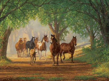 Horses  Country  Lane - horses, trees, animals, road, herd, country