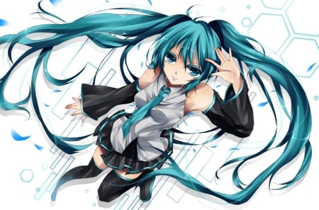 Hatsune Miku - tie, pretty, uniform, headphones, nice, program, hot, thighhighs, beauty, virtual, petals, white, cute, aqua eyes, feathers, song, outfit, sexy, vocaloid, anime, twintail, hatsune miku, microphone, music, aqua, idol, anime girl, skirt, beautiful, singer, girl, cool, black, miku, awesome, diva, aqua hair, hatsune, vocaloids, headset