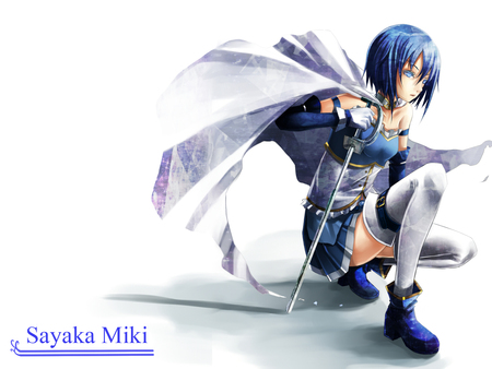 Miki Sayaka - mahou shoujo madoka magica, beauty, sexy, hot, thigh highs, miki sayaka, anime girl, blade, stunning, blue hair, pretty, beautiful, weapon, sword, cute, short hair