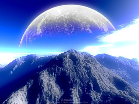 planet_hollywood_terragen - moon, mountain, blue, clouds