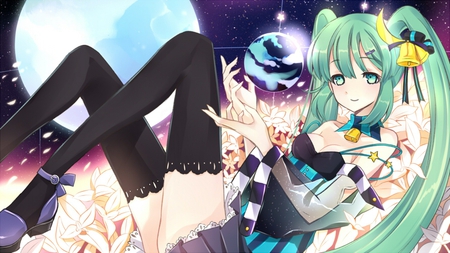 Hatsune Miku - pretty, artistic, planet, earth, pink, light, flowers, space, nice, program, hot, thighhighs, beauty, virtual, petals, cg, white, cute, aqua eyes, song, sexy, vocaloid, anime, yellow, twintail, hatsune miku, stars, music, aqua, beauitful, stockings, purple, art, sky, idol, clouds, moon, anime girl, singer, girl, cool, black, glow, miku, awesome, diva, digital, aqua hair, hatsune, vocaloids