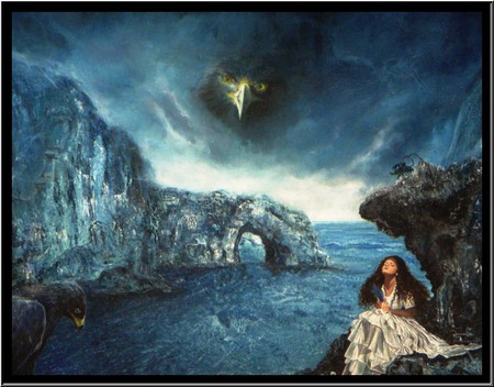 The Black Eagle - eagle, fantasy, black, stones, sea, abstract, woman