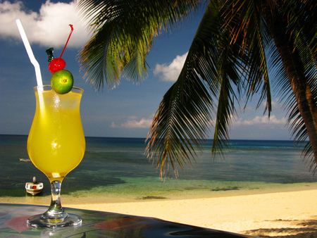 Summertime - drink, philippines, yellow, summer, beach, boat, palm tree