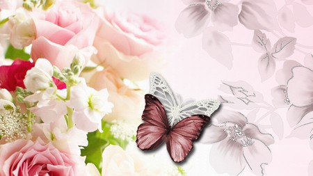 Floral Abstraction - dazzling, buds, fragrance, popular, roses, animals, wings, pride, spring, shines, petals, lace, scent, tender touch, wallpaper, gentle, nature, butterfly, floral, beautiful, pink, seasons, sweet, snap dragons, freshness, softness, gorgeous, pretty, cute, butterflies, love, shadow flowers, 3d and cg, summer, lovely, sparkle, flutter, pollen, bright, abstract, splendor, flowers