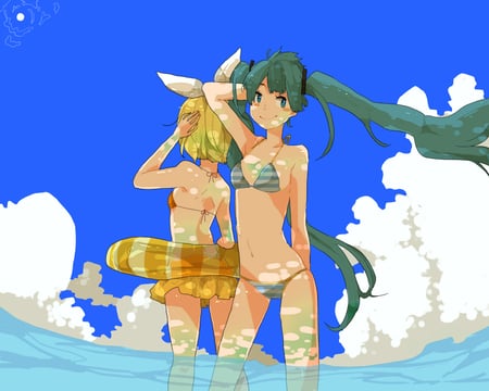 Vocaloid - water, green eues, blonde hair, wet, green hair, long hair, short hair, head band, bikini, sky