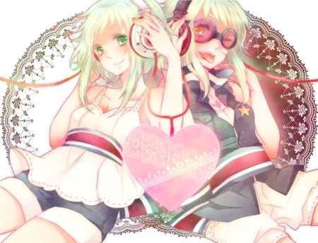 Vocaloid - dress, blush, green eyes, green hair, short hair, gumi, headphones, bed, 2girls