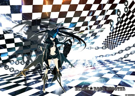 black rock shooter - cap, blue eyes, bikini, long hair, weapon, miku, black hair