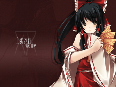 touhou - kimono, black hair, red, blue eyes