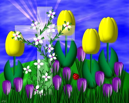 Easter Blessing - abstract, spring, religious, christian, easter, flowers, tulips, holiday, 3d, photo shopped, cross, crocus