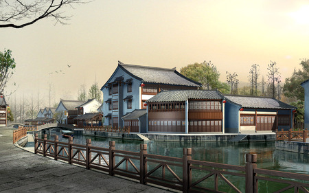 houses - nature, china, houses, lake, photoshop