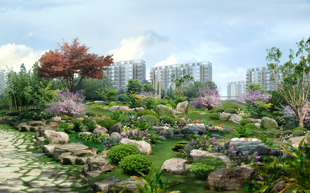 gardens - nature, china, flowers trees, photoshop, house