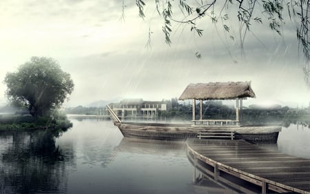 boat - lake, china, trees, rain, mole, nature, ship, pier, photoshop, house, boat