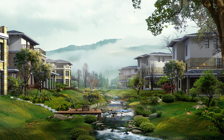 houses - china, houses, trees, 3d and cg, wallpaper, nature, village, abstract, river, photoshop, city, new