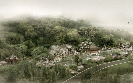 forest - house, trees, fog, photoshop, lake, china, forest nature